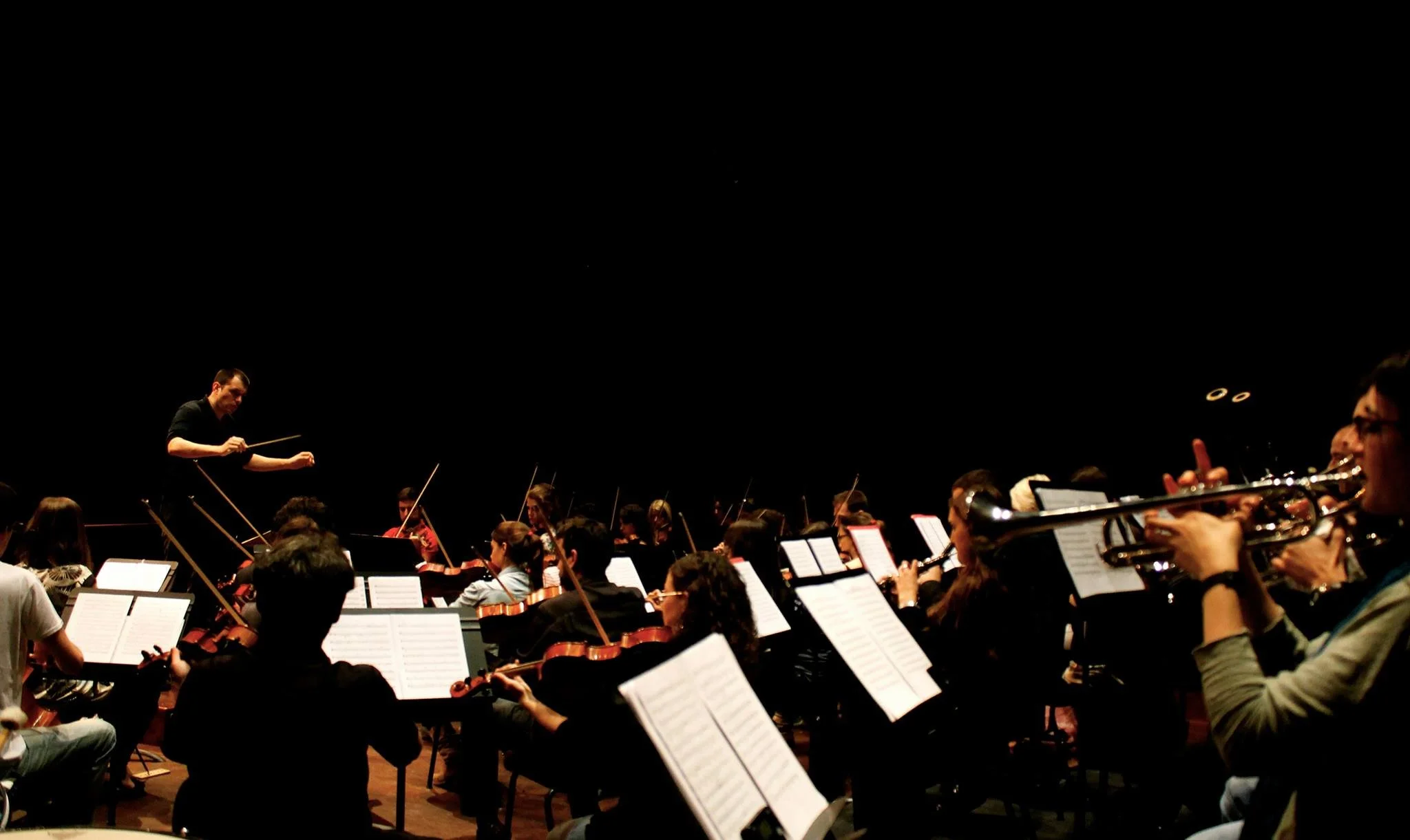 Side view photograph of an orchestra rehearsal with Gerard Pastor conducting.